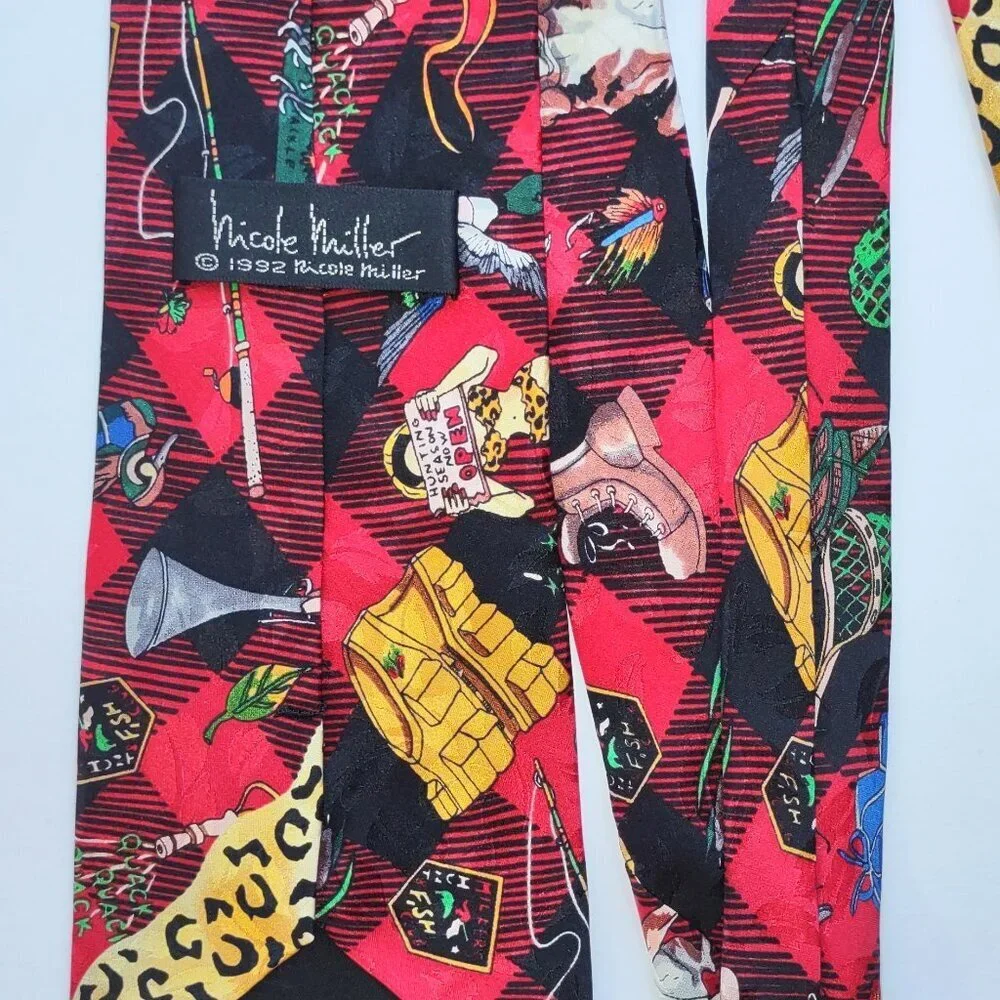 Vintage Nicole Miller Silk Neck Tie Hunting Camping Fishing Beagle Dog